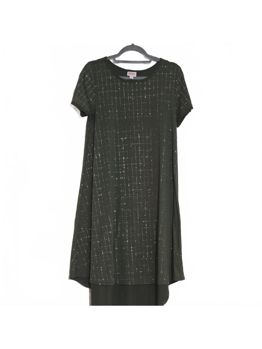 LuLaRoe Olive Green Gold Silver Metallic Checkered High Low Carly Dress Small